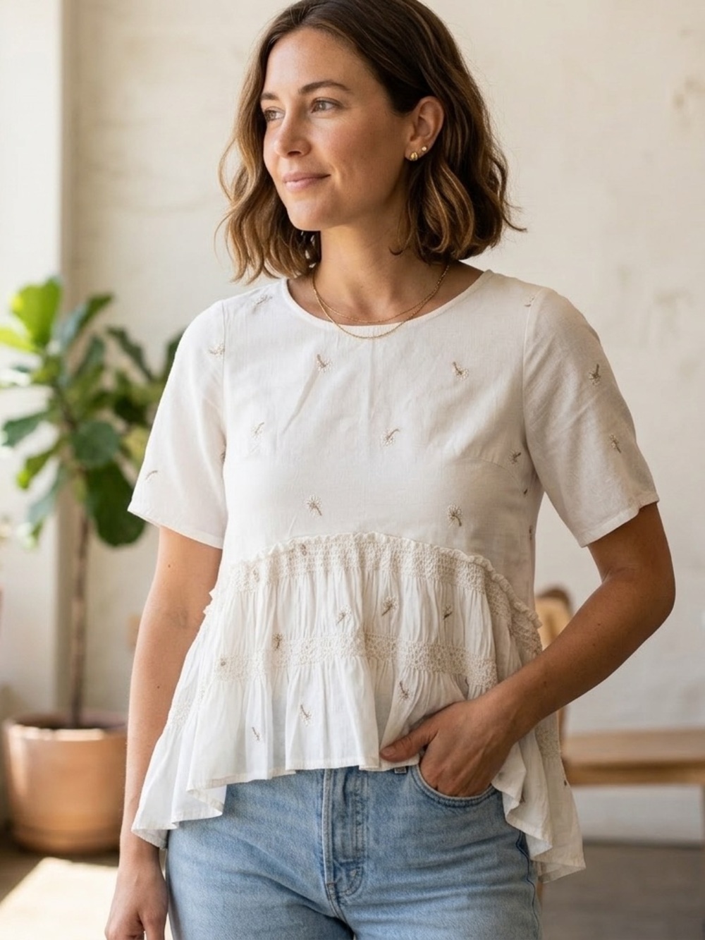 Anthropologie Foxiedox Sz XS White Floral Boho Embroidered Blouse